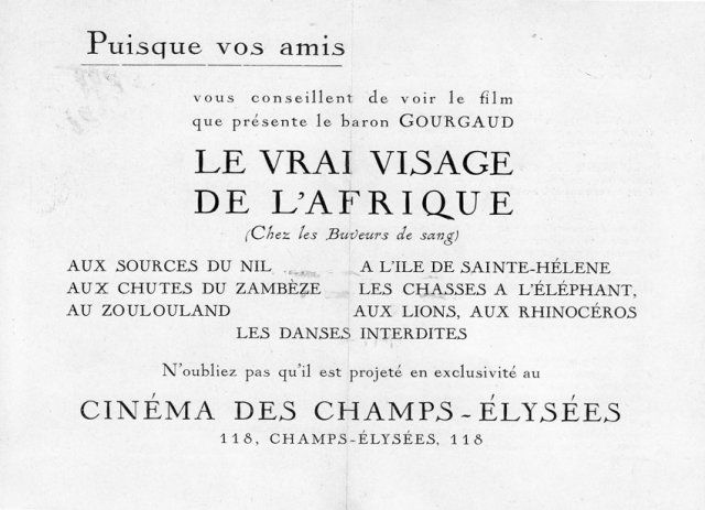 Recto du tract annonçant la projection du film présenté par le Baron Gourgaud au Cinéma des Champs E